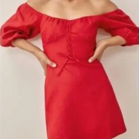 REFORMATION Kathryn 💯 Linen Red Puff Sleeve Dress